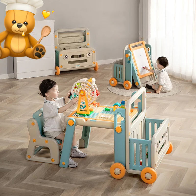 Multifunctional kids table and chair with toy storage and block board